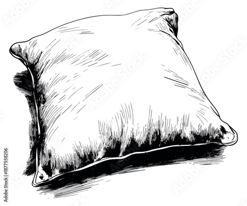 Hand drawn line art illustration of a pillow depicting softness and relaxation for home furnishing concepts
