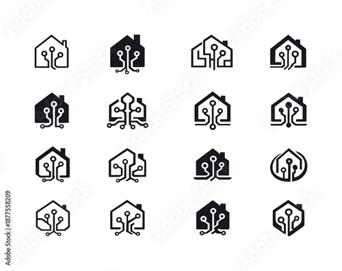 Smart Home Icons. Smart home integration in modern architecture. Icon set. Set Logo of Smart home integration in modern architecture: connected smart house