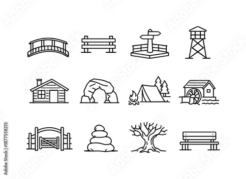Valley Landmark Icons. Valley Landmarks. Line icon set of Valley Landmarks: footbridge, wooden fence, viewpoint sign, lookout tower, cabin, stone arch,