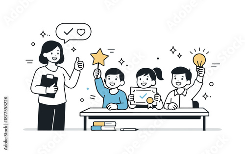 Classroom Achievements. Classroom scene success. Teacher giving positive feedback and students showing achievement icons. Encouragement and sense of progress.