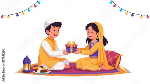 Man and woman exchanging gifts on a colorful rug during a festive celebration