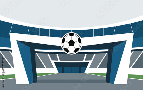 Vibrant illustration of a modern soccer stadium entrance with a classic football hovering above a grand archway ready for the game