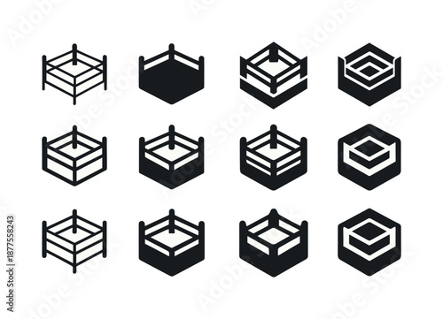 Boxing Workout Icons. Boxing fitness workouts. Icon set. Set Logo of boxing fitness workouts: boxing ring. harmonious logo variations of the same emblematic