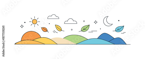 Seasonal Transformation Art. Seasonal change concept. Abstract shapes transitioning from warm to cool tones across a simple landscape. Calm sense of time