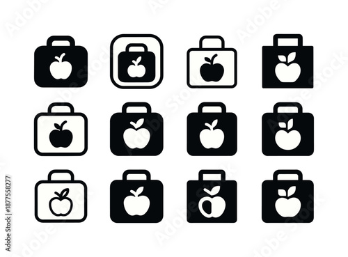 School Icon Variations. first day of school. Icon set. Set Logo of first day of school: lunchbox. harmonious logo variations of the same emblematic concept,