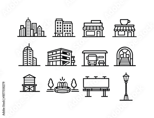 Urban Icons Collection. Urban buildings. Line icon set of Urban buildings: city skyline, apartment block, corner shop, coffeehouse, office tower, parking