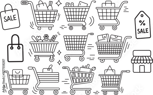 Black and White Shopping Icon Set with Carts Bags Sale Tags and Storefront Elements for E-Commerce and Retail Design