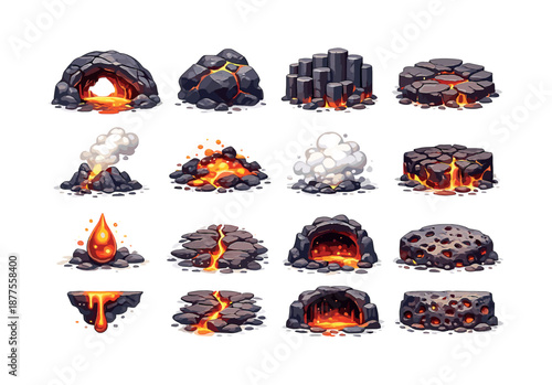 Colorful Volcanic Icons. Volcanic caves. Colorful flat vector icons set of volcanic caves: lava tube arch, cooled lava rock, basalt column wall, cracked stone