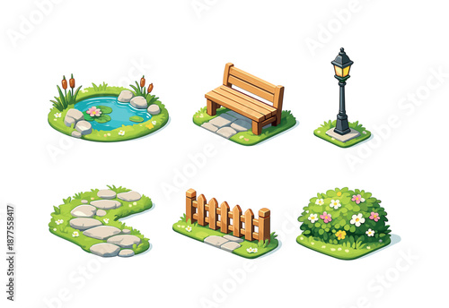 Morning Walk Icons. Scenic Elements. Isometric flat vector icons set of Taking Foggy Morning Walks: small pond, wooden bench, flowering bush, lamp post, stone