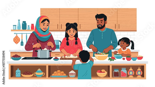 Family cooking together in a modern kitchen with various dishes and utensils on display