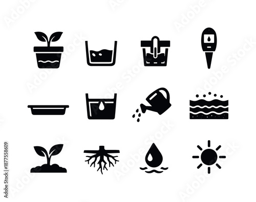Self-Watering Plant Icons. Self-watering indoor plants. Solid icon set of self-watering indoor plants: potted plant, water reservoir, wick system, moisture