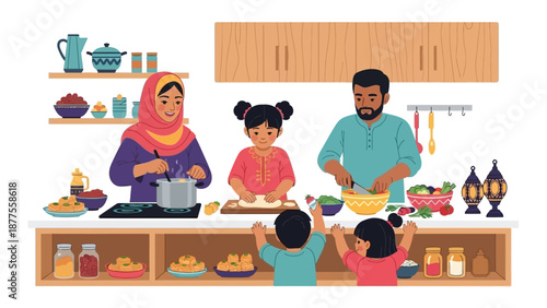 Family cooking together in a modern kitchen with various dishes and ingredients