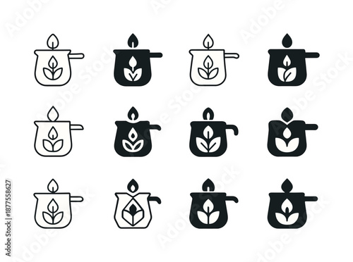 Eco Candle Logo Set. Candle making with eco-friendly wax. Icon set. Set Logo of candle making with eco-friendly wax: melting pot. harmonious logo variations of