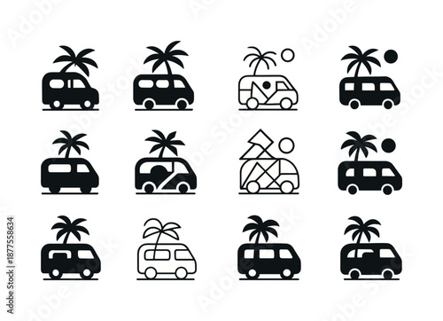 Summer Vacation Logos. Summer vacation. Icon set. Set Logo of summer vacation: camper van. harmonious logo variations of the same emblematic concept, each with