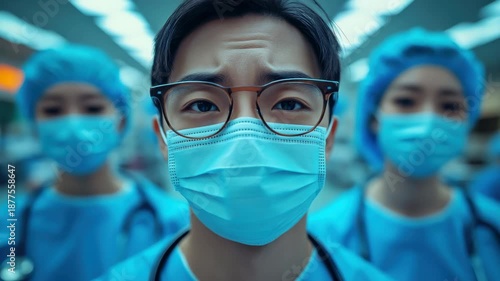 Medical team prepares for a long shift in the hospital wearing masks and scrubs