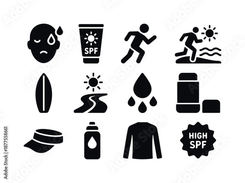 Sunscreen Sport Icons. Sunscreen for sports. Solid icon set of sunscreen for sports: sweat resistant, sport SPF tube, athlete figure, beach run, surfboard