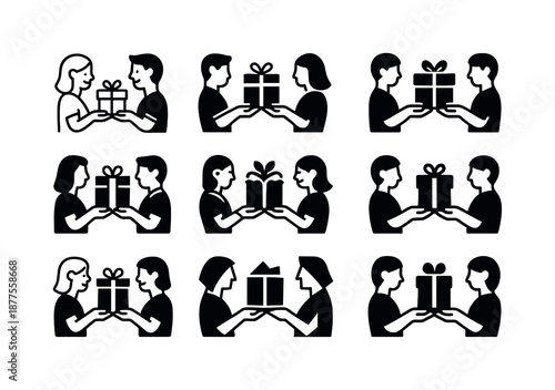 Gift Exchange Icons. happy couple exchanging thoughtful gifts. Icon set. Set Logo of happy couple exchanging thoughtful gifts: two hands offering presents.