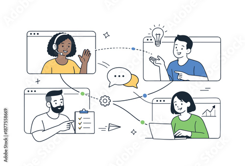 Virtual Team Collaboration. Distributed team discussion. Colleagues appearing in separate video frames, friendly interaction and shared focus. Lines and