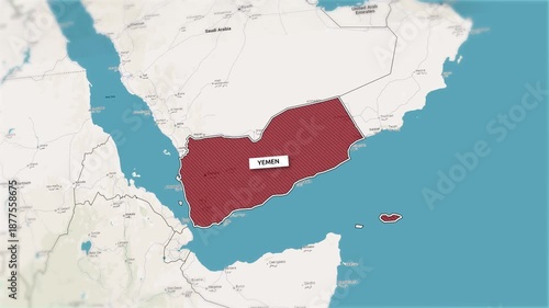 Borders of the state of Yemen on the map. Country Yemen on the map is highlighted by a polygonal border. From above zooming in with panoramic view
