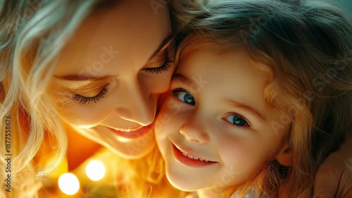 Smiles shared between mother and daughter while surrounded by warm lights in cozy indoor setting