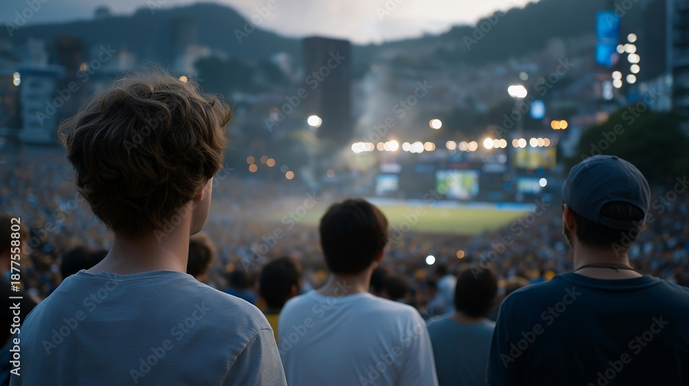 Fototapeta premium Large city fan zone with massive crowd watching international match, urban backdrop highlighting scale, shared anticipation, and public sports culture. cinematic color correction, natural uneven