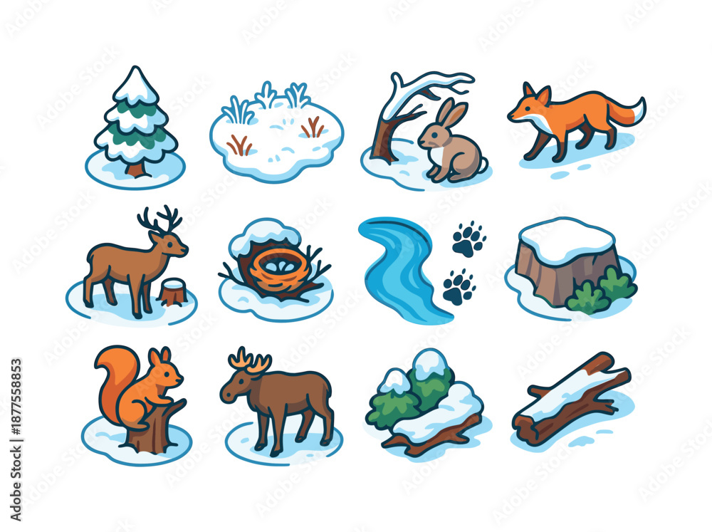 Obraz premium Snowy Woodland Icons. Snowy woodland scenes. Colorful isometric vector icons set of snowy woodland scenes: snow-covered pine, frost-covered clearing, deer near
