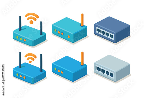 Network Device Icons. Network devices. Isometric flat vector icons set of Network devices: Wi-Fi router, modem, network switch. Arrange all isometric objects