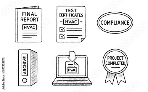 Hand drawn hvac documents and certification icons set