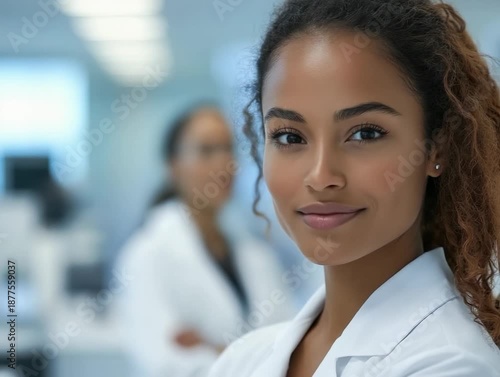 Young woman in a lab coat smiles in a laboratory while colleague works in background at a research facility