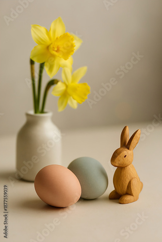 Minimal Easter Still Life with Wooden Bunny, Pastel Eggs and Daffodils on Neutral Background 