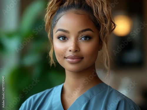 Smiling healthcare worker in scrubs at a clinic on a sunny day
