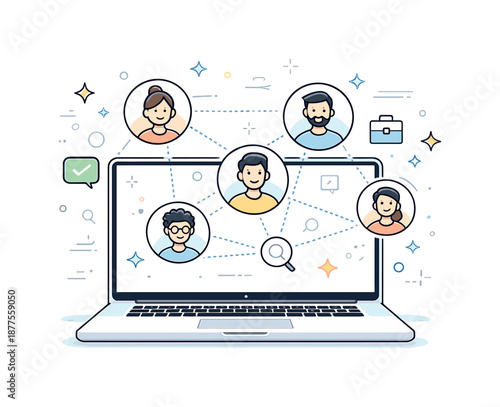 Remote Hiring Teamwork. Hiring and Teamwork Themes. Open laptop with smiling avatar icons and connection lines, representing remote team building and digital