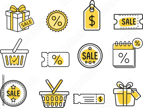 Doodle discount sale icon set. Discount percent, shop sale coupon hand drawn sketch line pen stroke style icon. Special price offer deal sketch doodle drawn collection. Vector illustration