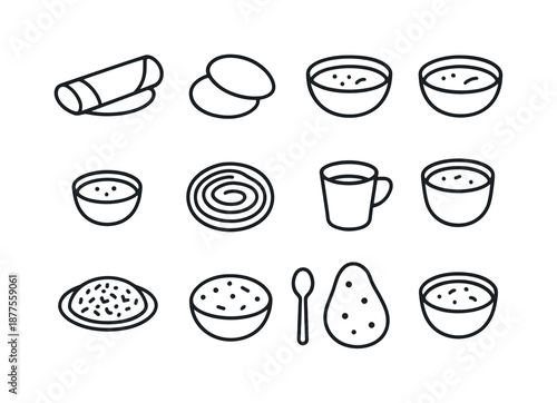 Indian Breakfast Icons. Indian breakfast. Line icon set of indian breakfast: dosa, idli, sambar bowl, chutney bowl, paratha, chai cup, poha plate, upma bowl,