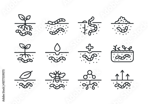 Garden Worm Icons. Worms. Line icon set of worm?garden interactions: worm near roots, worm improving soil, worm aeration path, castings on soil, seedling above