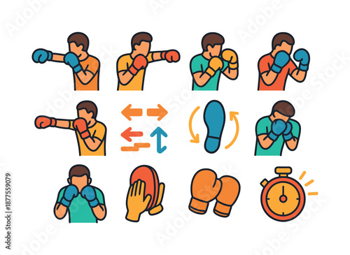Colorful Boxing Icons. Boxing drills. Colorful flat vector icons set of boxing drills: jab icon, cross punch, hook punch, uppercut symbol, jab?cross combo,