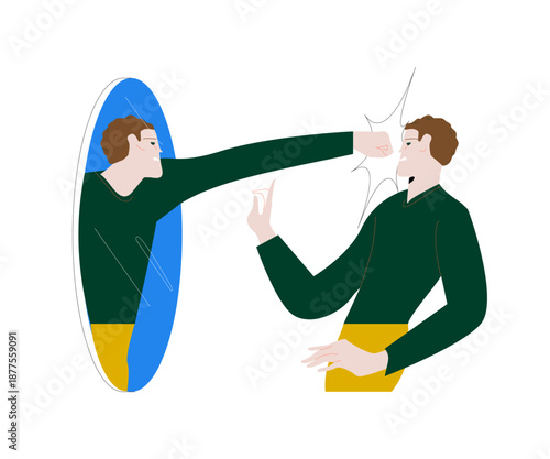 Self-blame concept. Man looks out of the mirror and blames himself. Mental health and psychotherapy. Vector illustration.