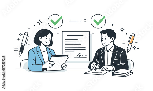 Business Contract Signing. Contract agreement process. Business partners reviewing and signing a document with checkmarks and pen icons nearby. Clear consensus