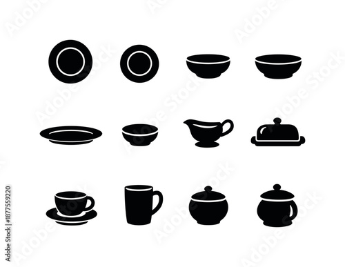 Dinnerware Icon Set. Dinnerware set. Solid icon set of Dinnerware set: dinner plate, salad plate, soup bowl, pasta bowl, serving platter, sauce dish, gravy