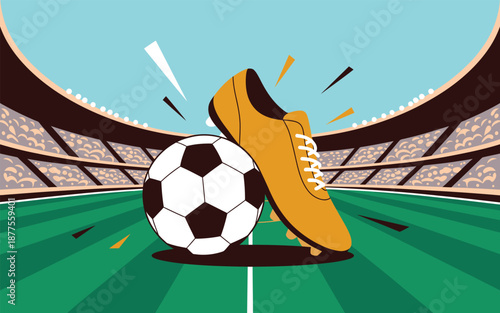 Vibrant soccer scene with ball and cleat in stadium setting under clear blue sky