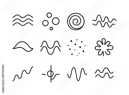 Sound Iconography Grid. Abstract shapes and colors representing sound. Line icon set of abstract shapes and colors representing sound: multi-wave ripple,
