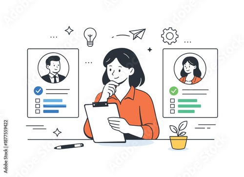 HR Candidate Review. Candidate evaluation. An HR specialist comparing candidate profiles on cards, thoughtfully reviewing skills and experience. Focused