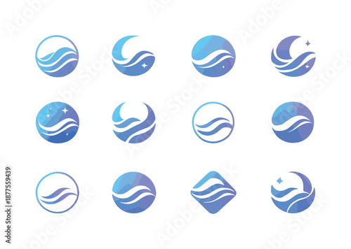 Harmonious Sleep Logos. Relaxing sounds for sleep. Icon set. Set Logo of relaxing sounds for sleep: gentle wave line. harmonious logo variations of the same