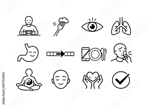 Mindful Eating Icons. Mindful Eating. Line icon set of Mindful Eating: calm eating posture, slow fork, awareness eye, breathing pause, satisfied stomach,