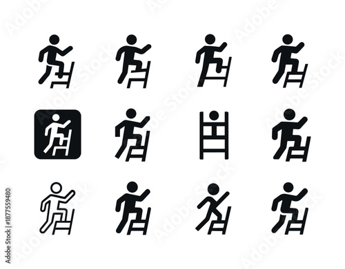 Skills Logo Grid. Learning a new skill. Line icon set of mentorship and coaching: mentor icon, coaching speech bubble, student desk, mentor hand,