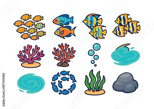 Tropical Fish Icons. Tropical Fish Schools. Colorful isometric vector icons set of Tropical Fish Schools: colorful reef fish, parrotfish mini-group, angelfish