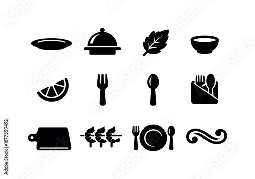 Shrimp Skewer Icons. Shrimp skewer plating. Solid icon set of shrimp skewer plating: serving plate, platter, garnish leaf, dipping sauce bowl, lemon wedge,