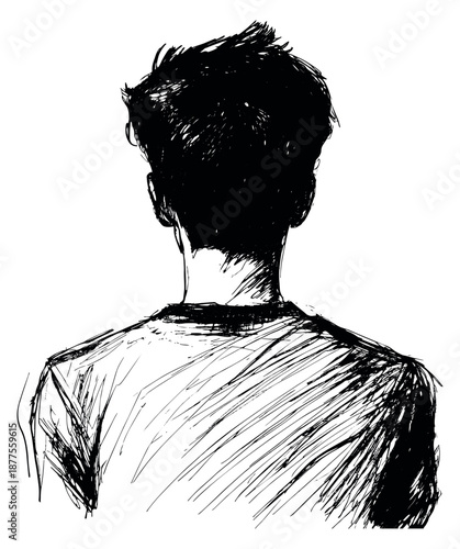 Hand drawn line art illustration of a person depicting a rear view for themes of individuality