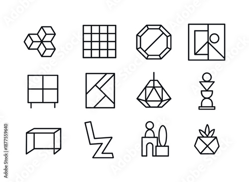 Geometric Interior Icons. Geometric interior decor. Line icon set of Geometric interior decor: geometric shelf, wall grid, polygon mirror, abstract wall art,