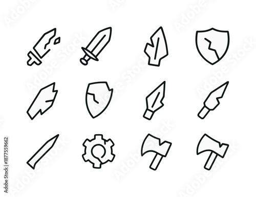 Weapon Shards Icons. Weapon shards. Line icon set of Weapon shards: broken blade, chipped sword piece, shattered arrowhead, cracked shield fragment, jagged